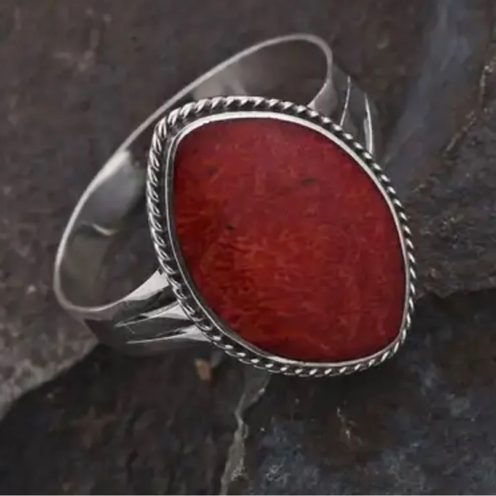 Coral Sponge Dark Red Marquee Shaped Sterling Silver Ring